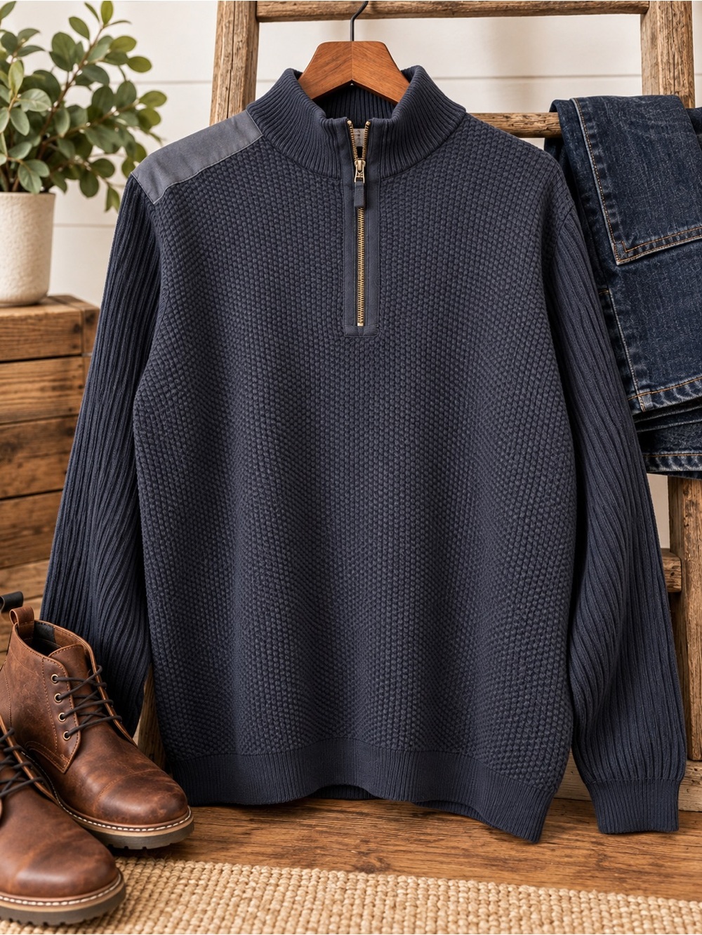 Men's Half-Zip Knit Sweater - Navy